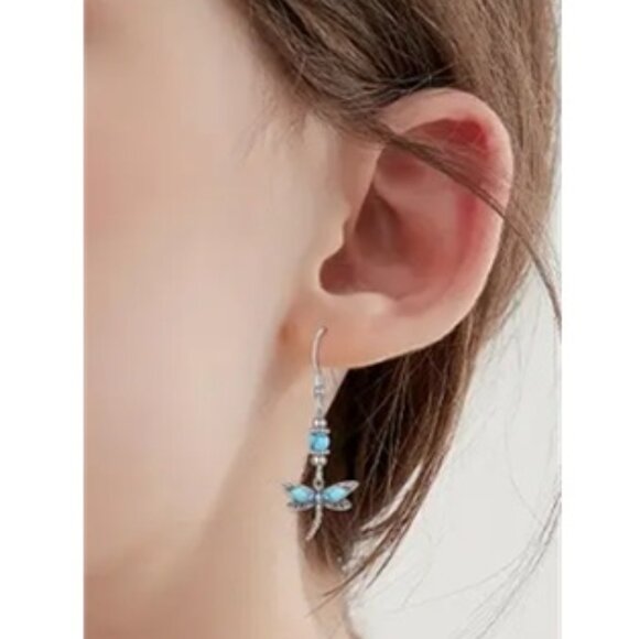 Bohemian Silver Electro-Plated Synthetic Turquoise Dragonfly Dangle Earrings - Picture 2 of 3